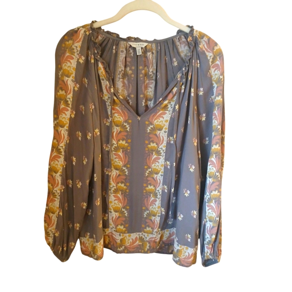 Lucky Brand Women's Gray Floral V Neck Peasant Top Size S/P